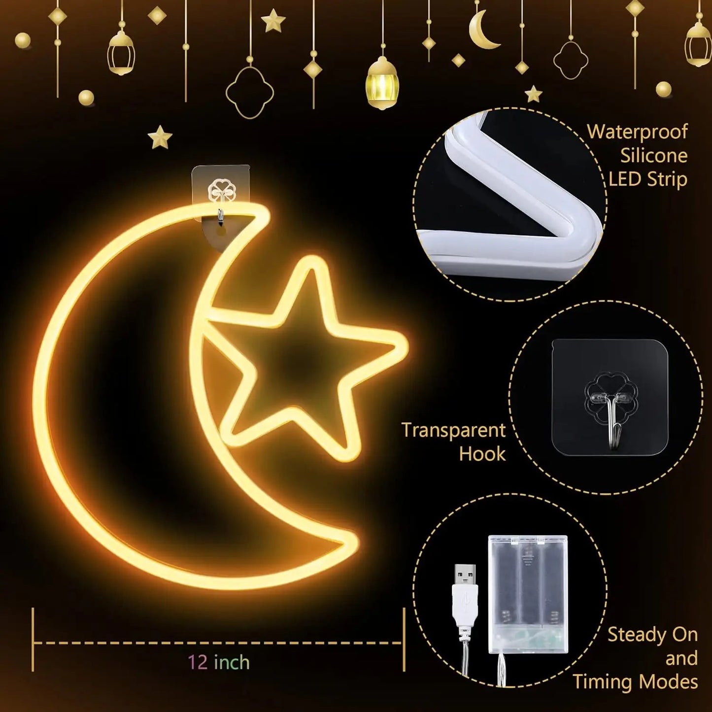 Neon moon and star light